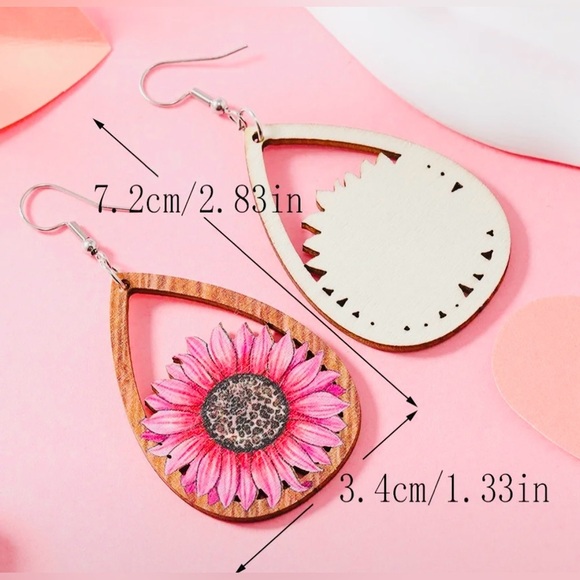 Pink Sunflower Wooden Drop Earrings - Picture 4 of 5